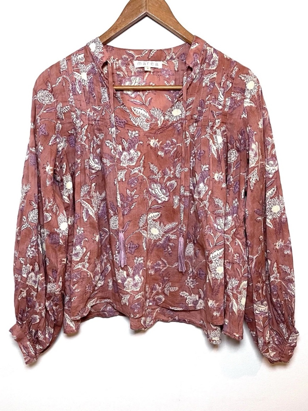 Marea Floral Peasant Top Size Small Pink Floral Boho Tassel 100% Cotton